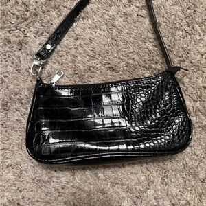 Black Croc-Embossed Shoulder Bag